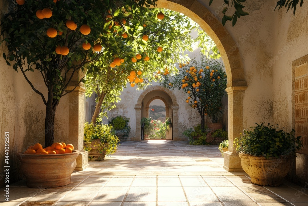 Fototapeta premium Sunlit Traditional Spanish Courtyard with Orange Trees and Terracotta Pots