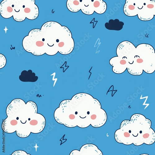 Happy clouds pattern, blue sky background, cute illustration, kids fabric photo