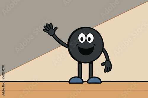 Blue cartoon character in a hard hat waving, standing on a floor with an orange design and a simple background, perfect for educational materials and children's content