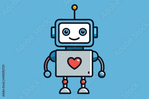Cute robot character with a heart on its chest, standing against a light blue background, showcasing a friendly design ideal for children's illustrations or educational materials