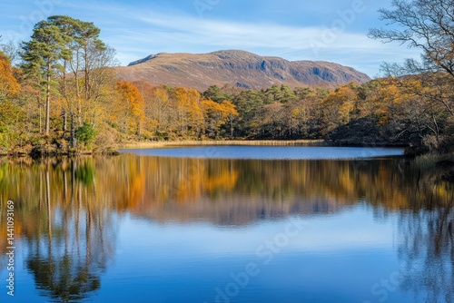 Autumn Trees Reflected on Mountain Lake with Boat in Soft Golden Light