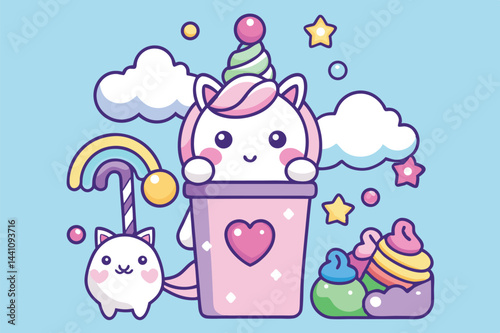 Cute unicorn cartoon with colorful drink and candy against a pastel background surrounded by hearts and stars