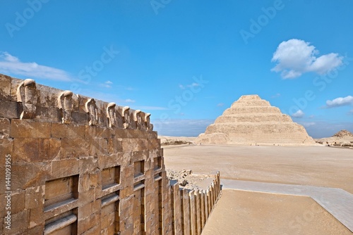 Saqqara, Egypt - January 2, 2024: The Pyramid of Djoser (or Djeser and Zoser), or Step Pyramid and the cobra wall of the in the Saqqara necropolis