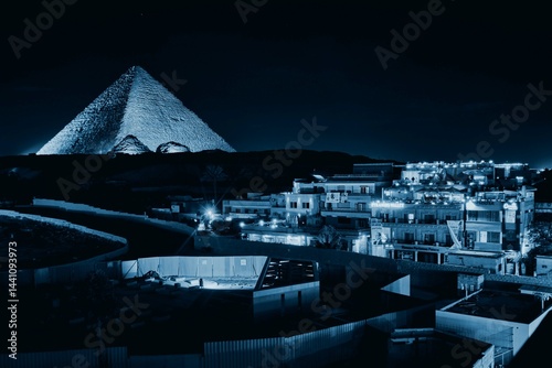 Giza, Egypt - December 24 2023: The Great Pyramid Khufu (Pyramid of Cheops) is the oldest and largest of the three pyramids in the Giza at night