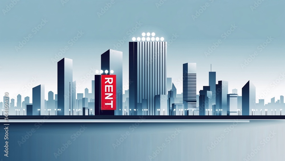 Obraz premium Best cities to buy rental property illustrated with a modern skyline featuring a prominent rent sign