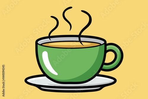 Smiling green cup of steaming hot beverage with steam rising, set against a light blue background, ideal for cheerful illustrations and designs