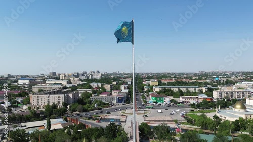 Aerial View of Shymkent City with Kazakhstan National Flag