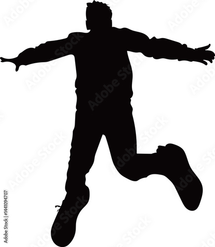 A black silhouette shows a boy mid-jump, arms outstretched, one leg bent forward, the other trailing back, suggesting energy and motion against a white background