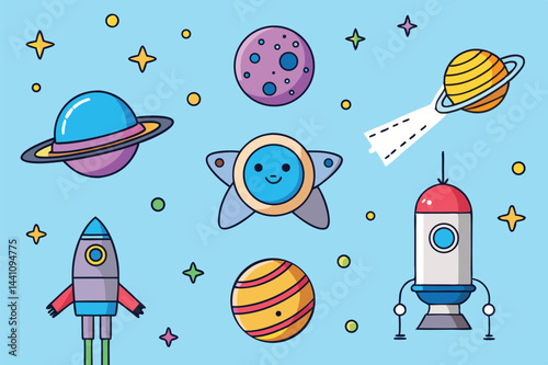 Colorful vector illustration of space exploration with rockets, planets, and UFOs in a whimsical design featuring vibrant colors and playful shapes