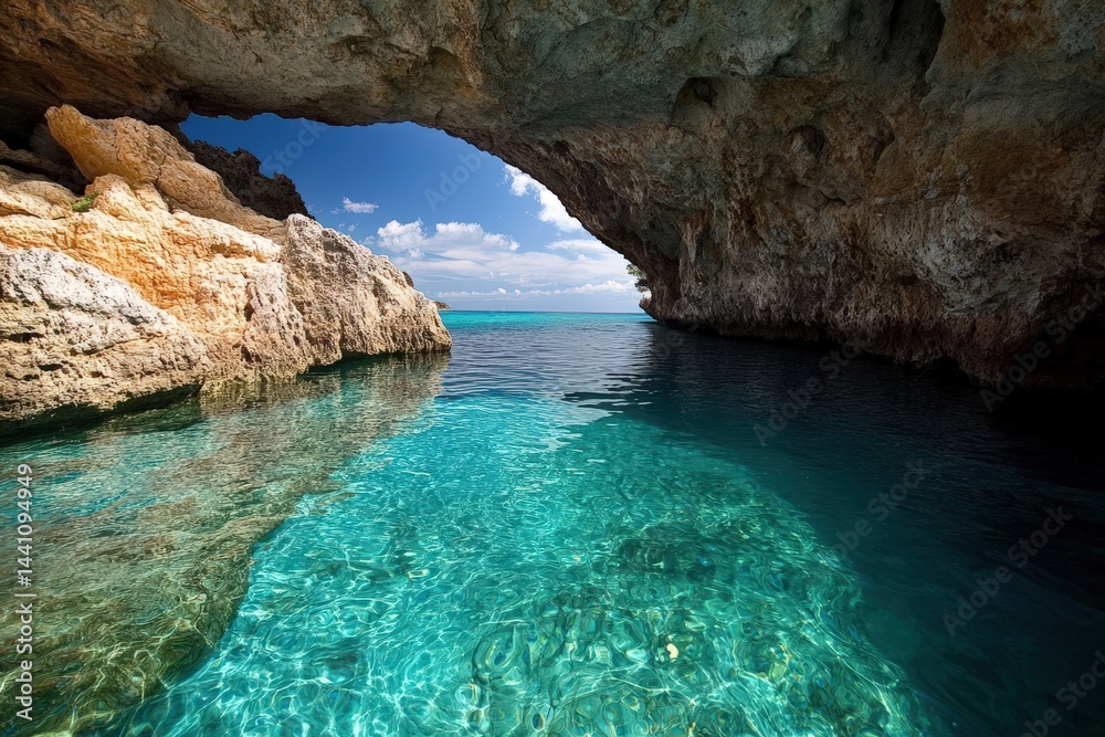 Fototapeta premium Crystal Clear Blue Water in Limestone Cave Surrounded by Dramatic Cliffs