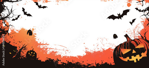 Orange pumpkin with ghost shapes and bats on white Halloween background