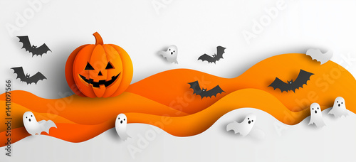 Orange pumpkin with ghost shapes and bats on white Halloween background