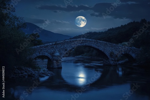 Ancient Stone Arch Bridge Over Dark River Under Full Moon Night Sky