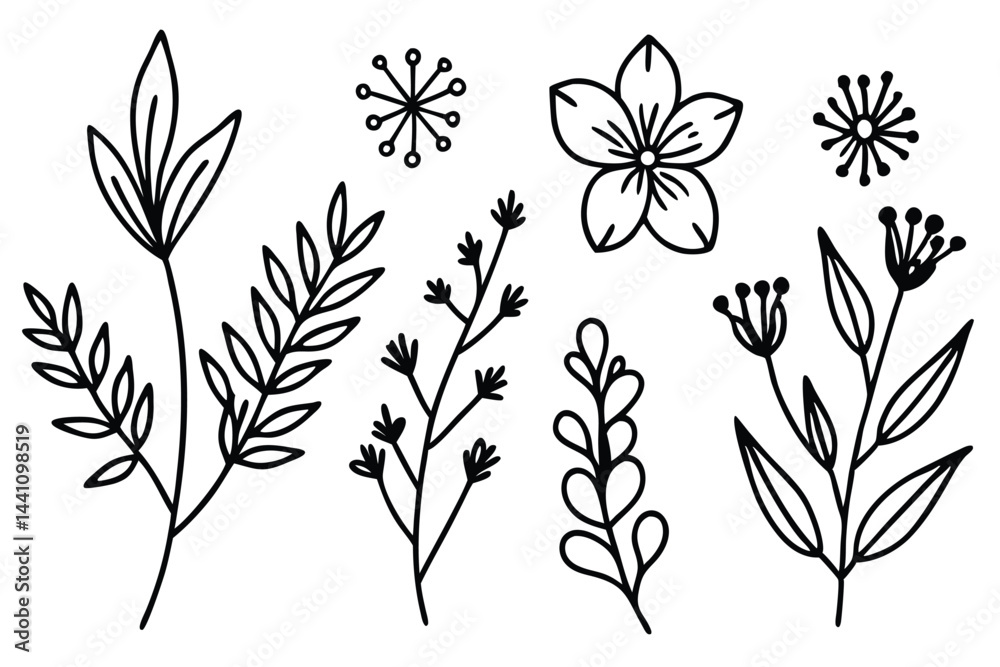Set of different flowers and brunch from flat editable stroke. Luxury line floral collection for wedding invitation art, design template of save the date card. Botanical vector illustration. Set of different flowers and brunch from flat editable stroke. Luxury line floral collection for wedding invitation art, design template of save the date card. Botanical vector illustration.