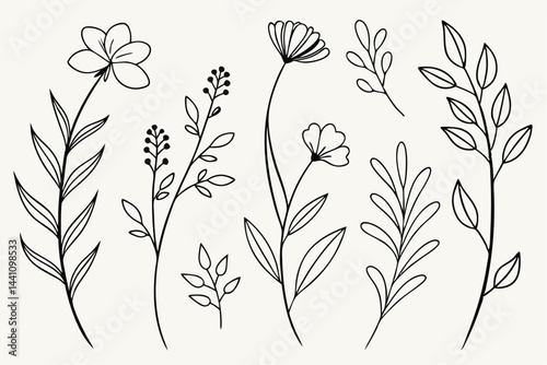 Set of different flowers and brunch from flat editable stroke. Luxury line floral collection for wedding invitation art, design template of save the date card. Botanical vector illustration.