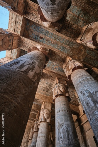 Qena, Egypt - December 27 2023: Columns of the Hypostyle Hall in Temple of Hathor in Dendera Temple complex, one of the best-preserved temple
