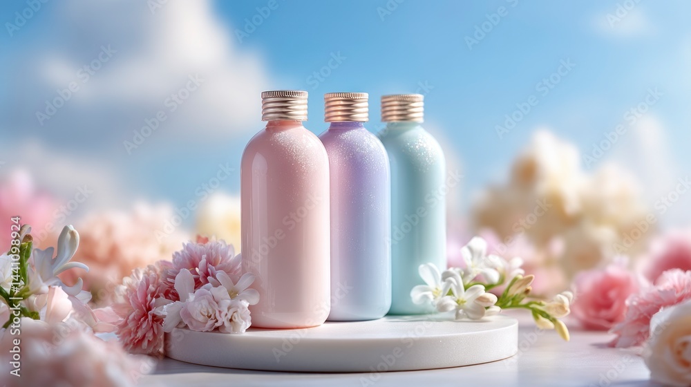 Pastel Bottles on Display with Floral Accents in a Bright Setting Pastel Bottles on Display with Floral Accents in a Bright Setting