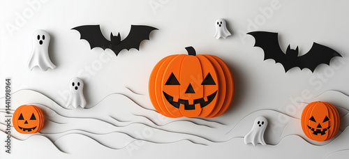 Orange pumpkin with ghost shapes and bats on white Halloween background