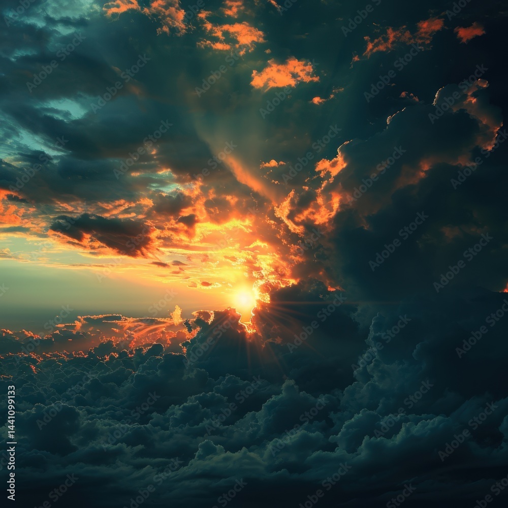 Fototapeta premium Colorful sunset over clouds displays a vibrant sky with sunlight breaking through during late evening hours