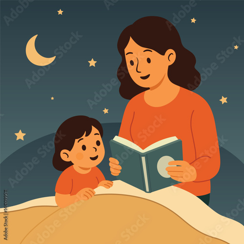 Mom reading bedtime story to daughter