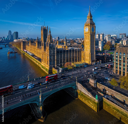 Aerial view of Big Ben and Houses of Parliament in sunny morning in London