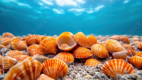 Obraz na płótnie Underwater View of Bright Orange Seashells on Sandy Ocean Floor w salonie