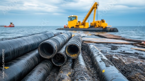 Obraz na płótnie Heavy machinery performing dredging work on coastline with pipes in foreground w salonie