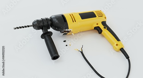 Severed Cord of a Power Drill Isolated Against White Representing Interrupted Construction Progress Damage and Repair with Yellow and Black Drill