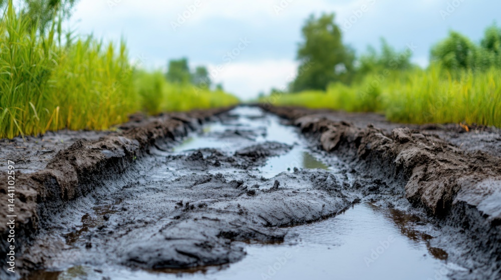 Obraz premium Muddy Path Through Lush Green Rice Fields Under Overcast Sky