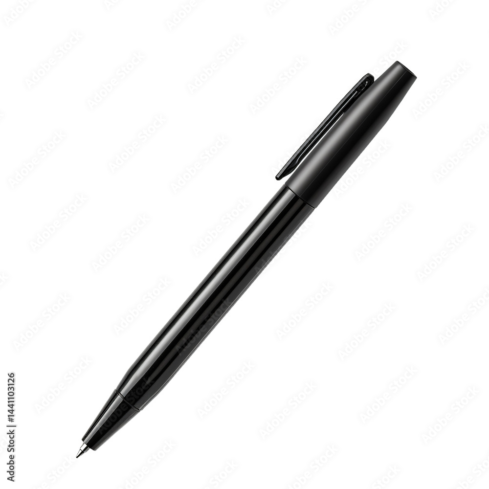 High-resolution, shot of a black ballpoint pen, emphasizing its sleek, modern design. High-resolution, shot of a black ballpoint pen, emphasizing its sleek, modern design.
