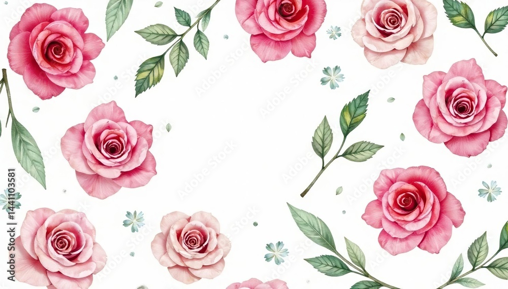 Naklejka premium Delicate watercolor roses & leaves, repeating pattern , seamless, nature