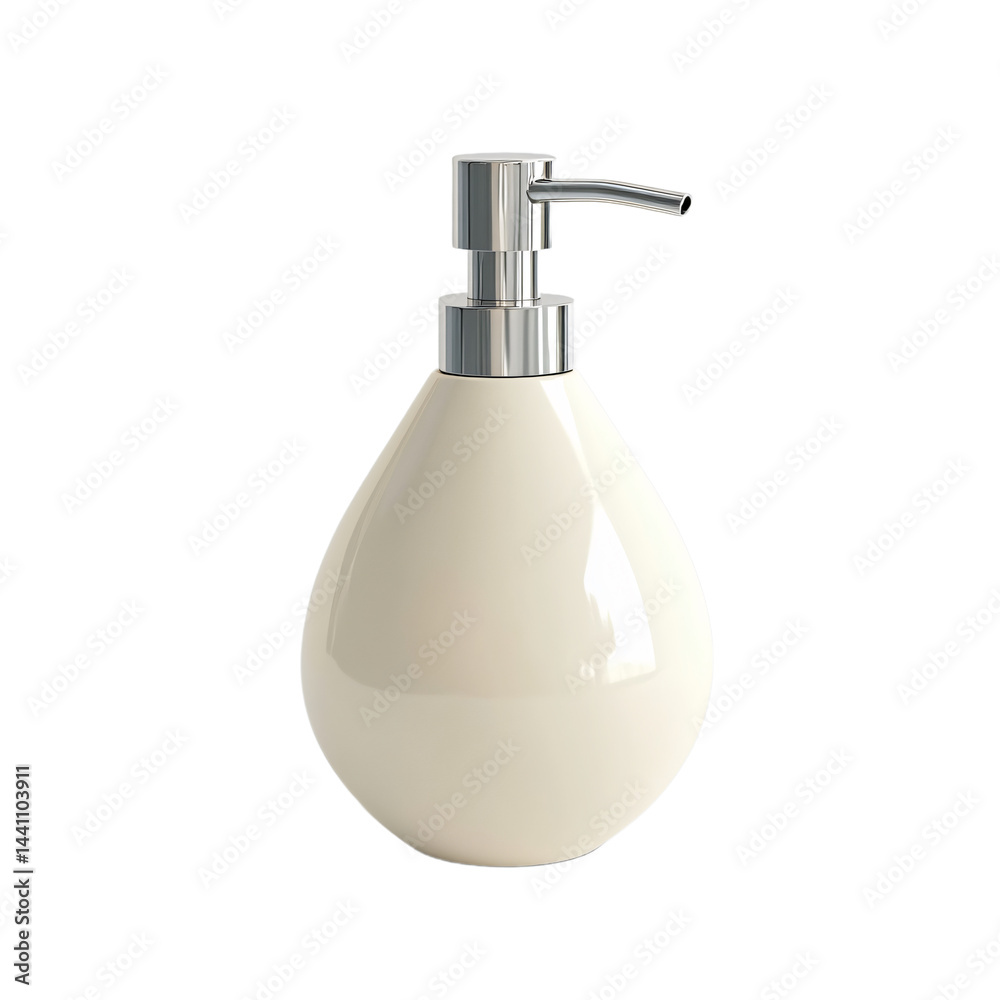 Obraz premium Cream-colored, teardrop-shaped ceramic soap dispenser with a chrome-plated pump. It showcases a clean, modern design suitable for a contemporary bathroom.