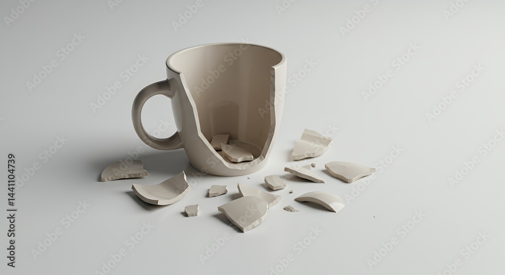 Shattered Ceramic Coffee Mug Broken Into Pieces on White Plane Representing Damage Reuse and Repair Isolated Against Clean Background