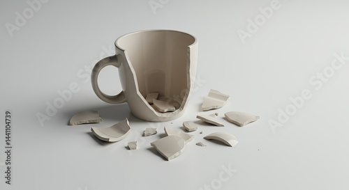 Obraz na płótnie Shattered Ceramic Coffee Mug Broken Into Pieces on White Plane Representing Damage Reuse and Repair Isolated Against Clean Background w salonie
