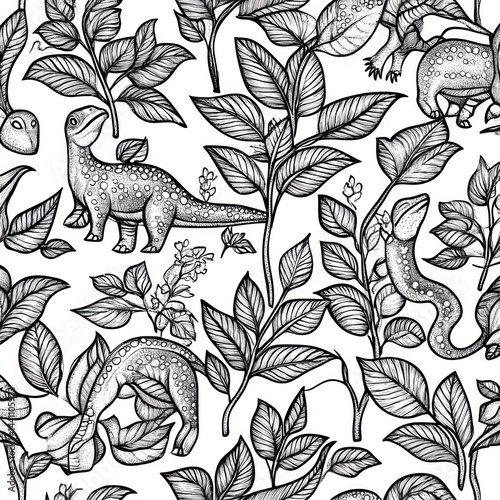 Wallpaper Mural Prehistoric reptile and plant seamless pattern, nature background, textile design Torontodigital.ca