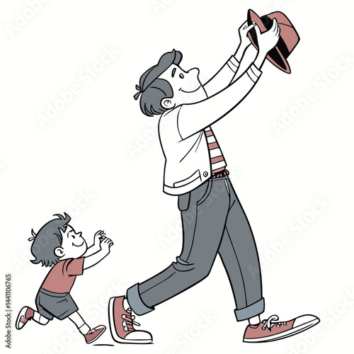 Father and son walking, dad gives hat to son