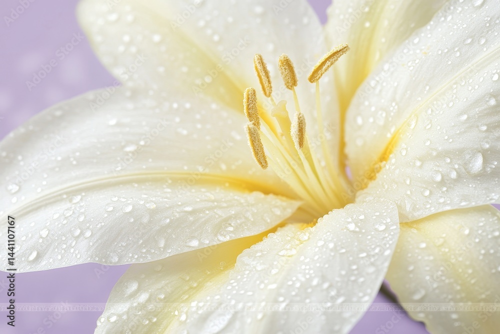 Fototapeta premium Close-up view of a delicate pale yellow lily with water droplets.