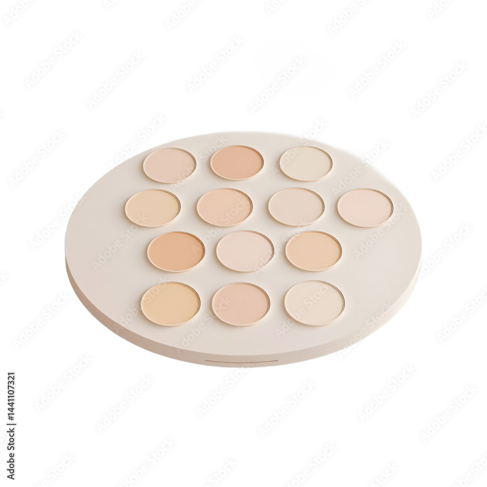 Circular makeup palette, featuring a range of light beige and cream-colored powder shades, arranged in a symmetrical pattern. Circular makeup palette, featuring a range of light beige and cream-colored powder shades, arranged in a symmetrical pattern.