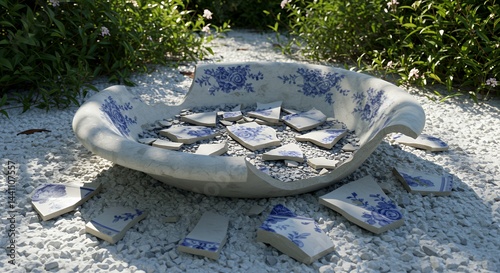 Shattered Porcelain Birdbath Fragments Scattered on White Gravel in Neglected Garden Under Natural Sunlight with Broken Pieces for Decoration Ads Isolated
