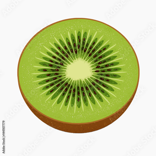 A colorful vector of a fresh-cut kiwi with seeds and vibrant green pulp, isolated on white.