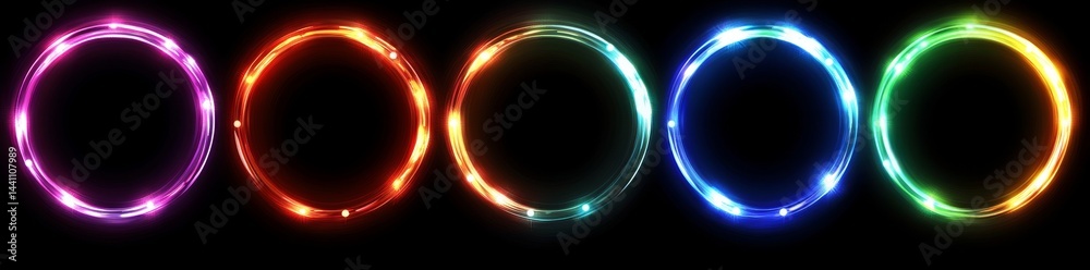 Obraz premium A modern realistic illustration presents isolated colorful neon light rectangles against a transparent background, accompanied by the surreal imagery of frames in clouds of smoke, a glowing magical