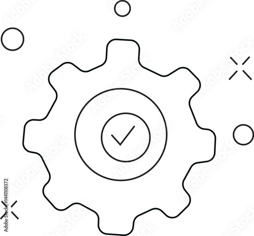 Gear icon with check mark in the center representing system validation approval successful process operation verified task or quality assurance in workflow