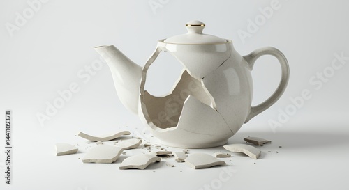 Shattered White Ceramic Teapot Broken Isolated Against Stark White Studio Background For Decoration Recycle Projects Or Ads Symbolizing Fragility