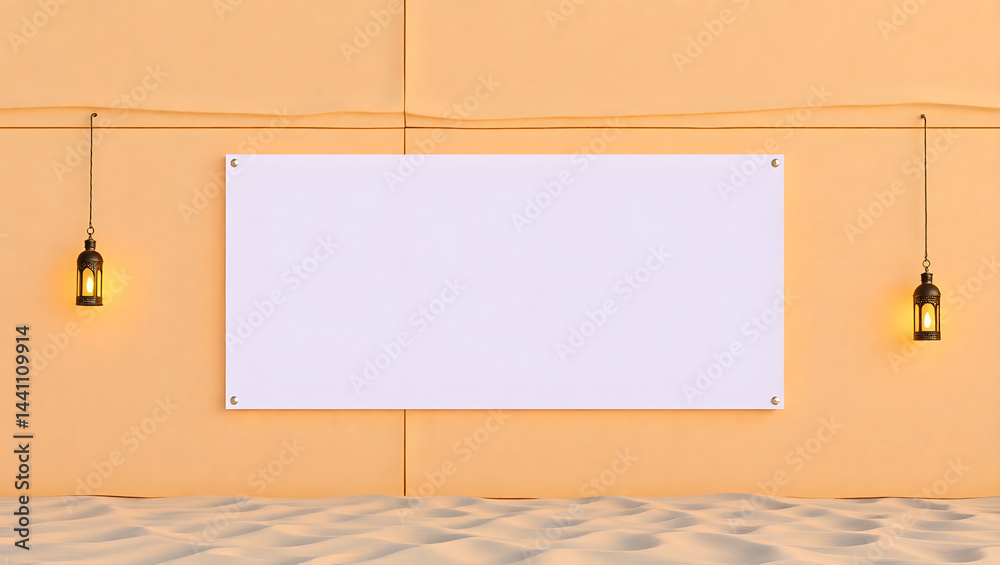 Blank Ramadan Festival Banner Mockup Desert Sand and Lantern Setting