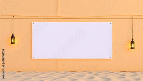 Obraz na płótnie Blank Ramadan Festival Banner Mockup Desert Sand and Lantern Setting w salonie