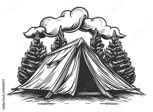 Vintage Hand-Drawn Illustration of a Camping Tent Surrounded by Trees