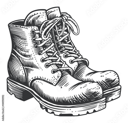 Vintage Hand-Drawn Illustration of Classic Work Boots in Black and White