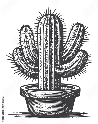 Vintage Hand-Drawn Illustration of Cactus Plant in Pot