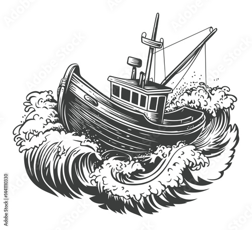 Vintage Hand-Drawn Illustration of a Fishing Boat in Waves