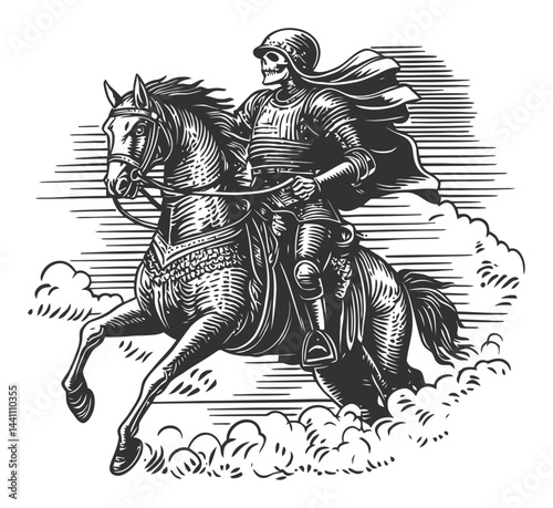 Vintage Hand Drawn Illustration of Skeleton Knight on Horseback